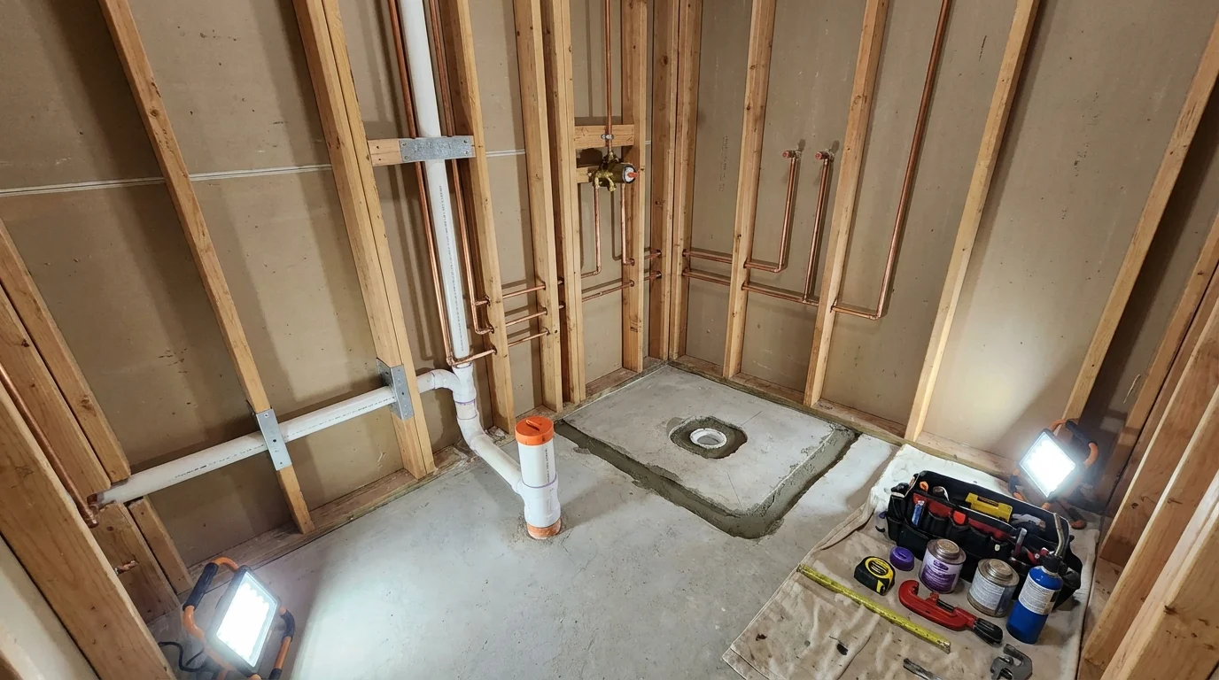 Bathroom rough-in plumbing during remodel by Johns Plumbing LLC in Hartsville