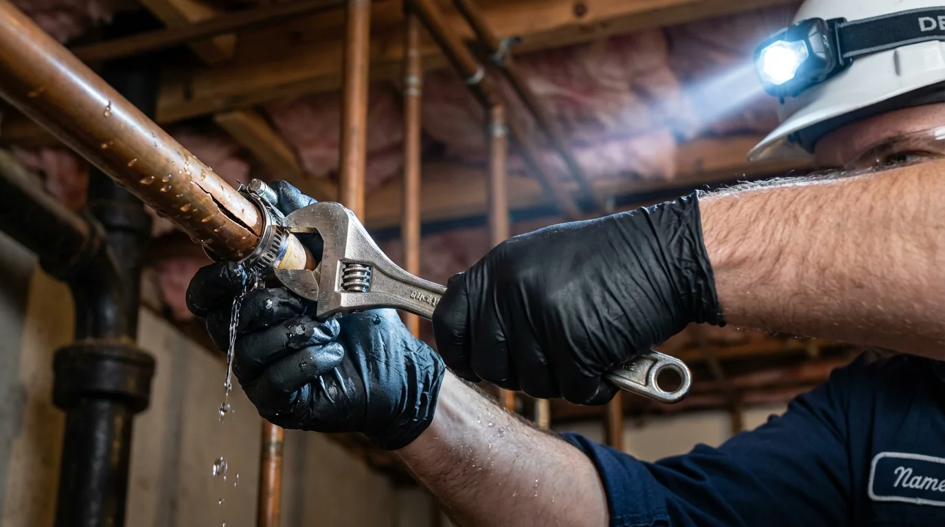 Emergency pipe clamp repair being performed by a Johns Plumbing LLC plumber in Hartsville