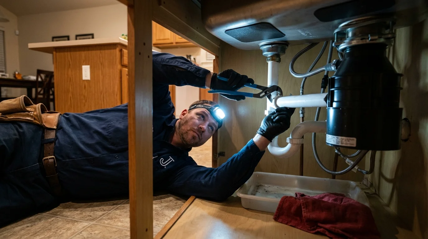 P-trap and supply line connections under a kitchen sink showing a common leak point in Hartsville, TN
